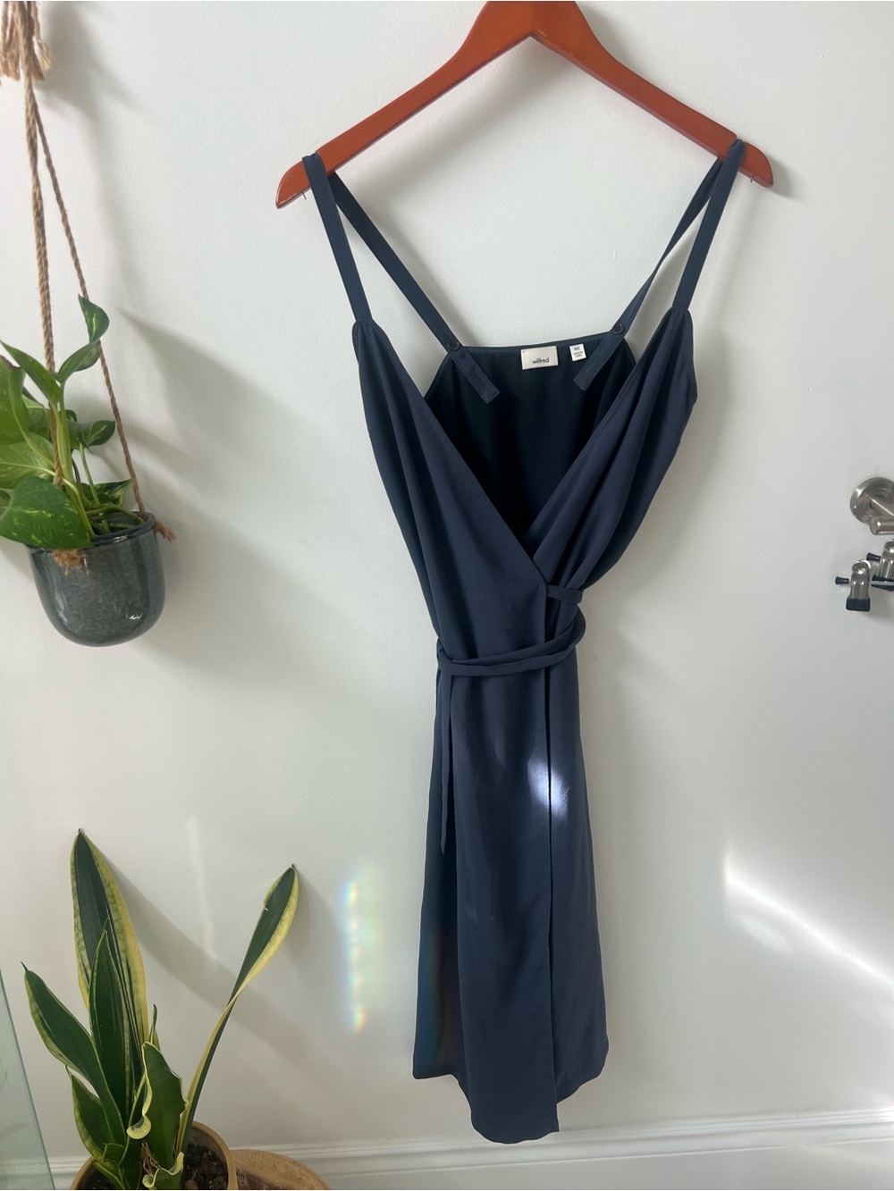 Wilfred Navy Wrap Midi Dress with Thin Straps